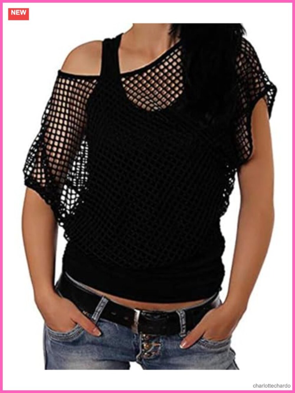 Neon Off Shoulder 80s Costume Tee - Fishnet Fabric